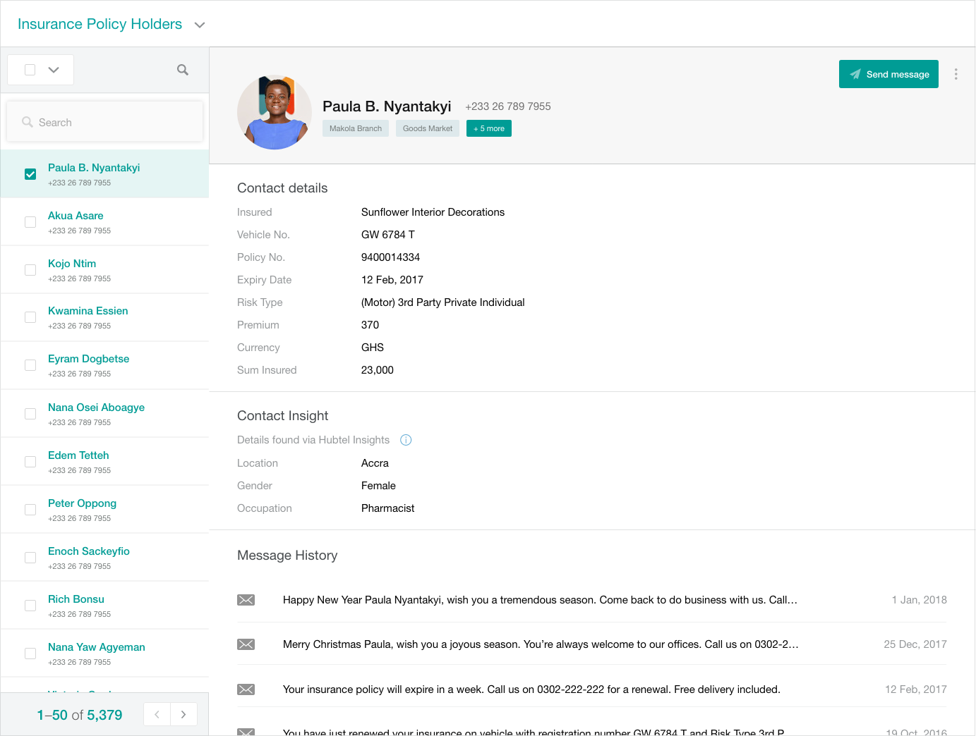 A screen of the contact list, showing both lists and details on one screen