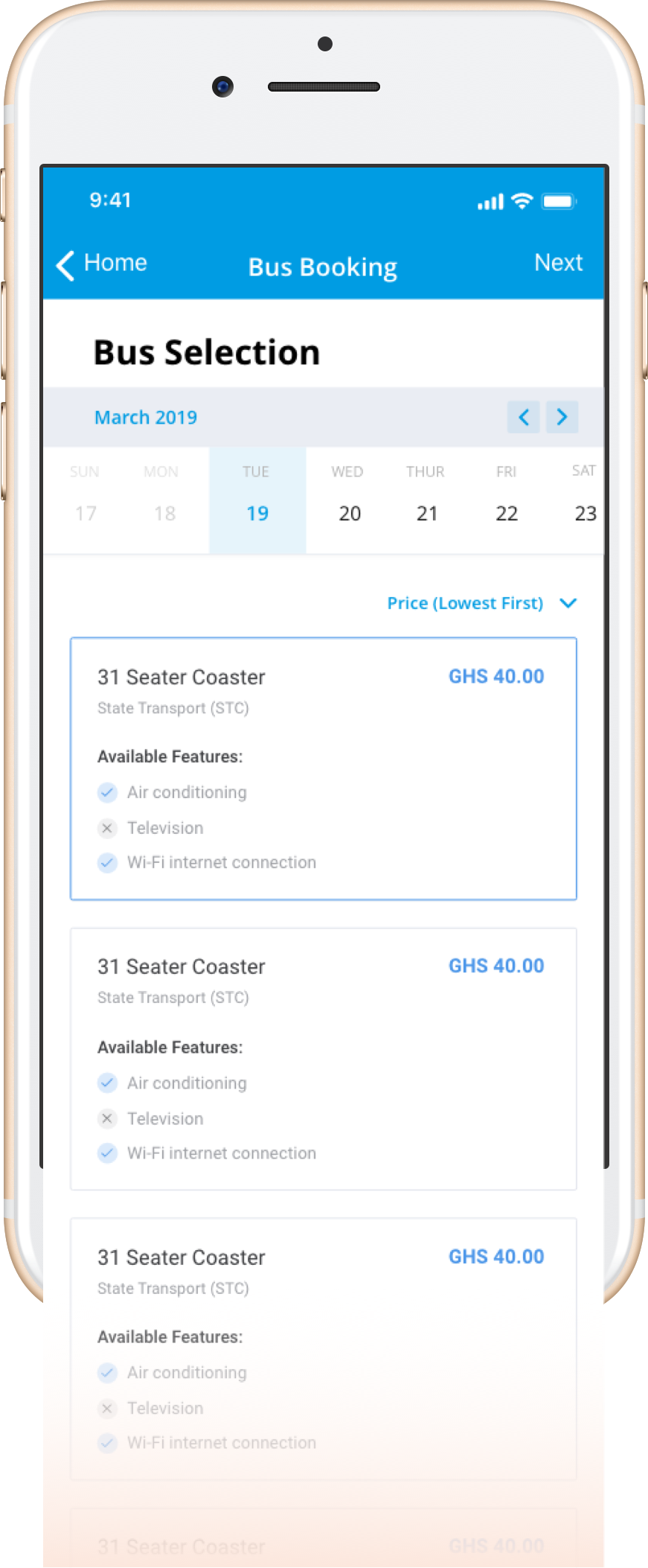 A screen of the booking process: selecting available busses on a chosen day