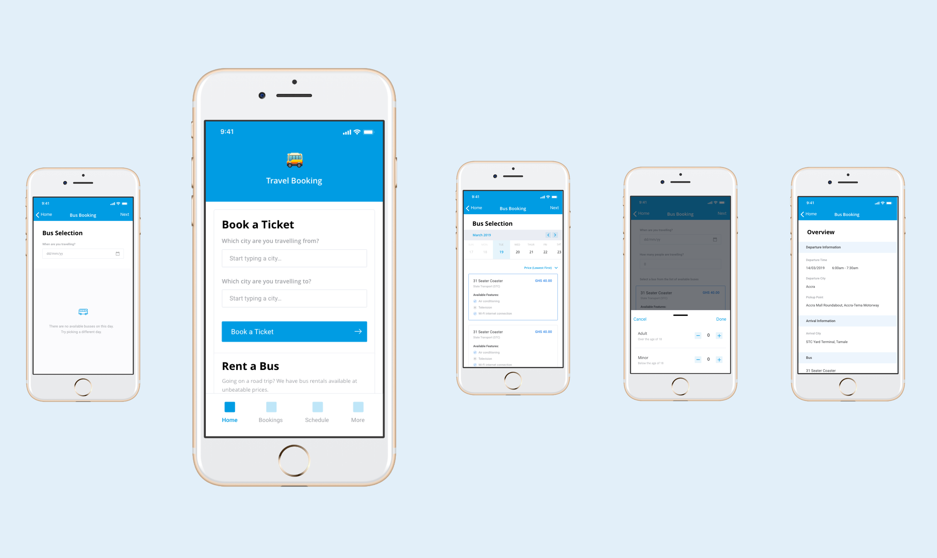 Screens from the Transport Booking app
